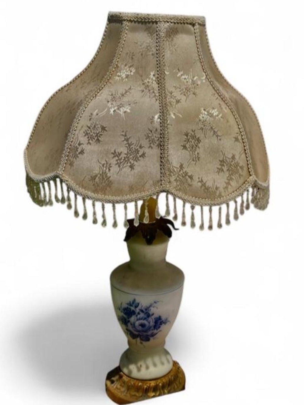 Antique French Floral Table Lamp w/ Beaded Tassels